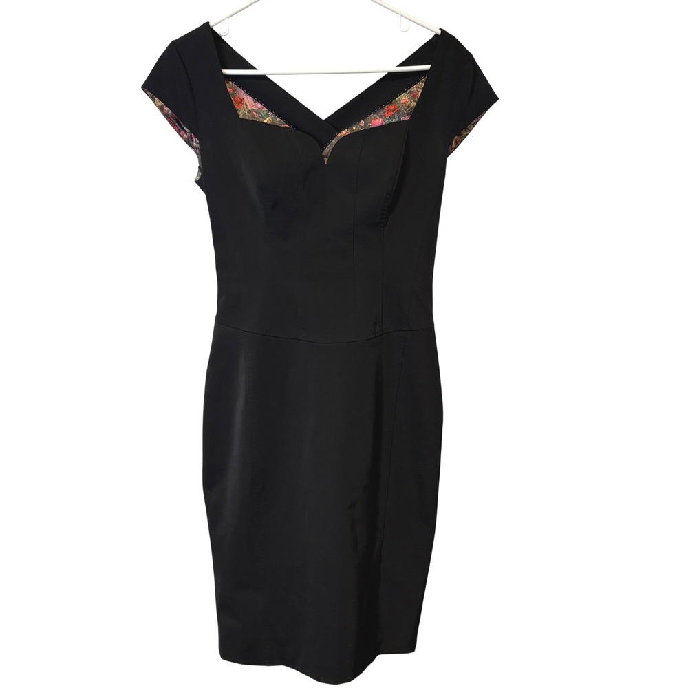 Ted Baker London Black Cap Sleeve V Neck Sheath Dress Floral Lines Size 1